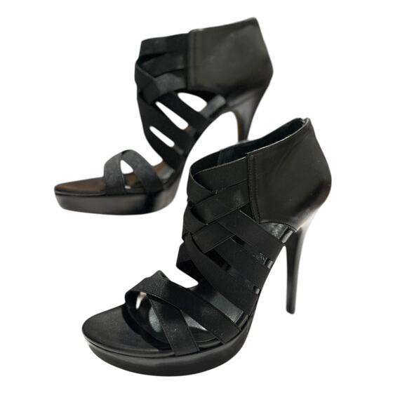 Stuart Weitzman Black Platform Stiletto Heel Multi Stretch Strap Heels Size 6 M - Picture 2 of 9